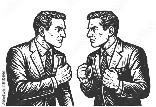 two businessmen squaring off in a fight, internal struggle, self-doubt, or identity conflict sketch engraving generative ai vector illustration. Scratch board. Black and white.