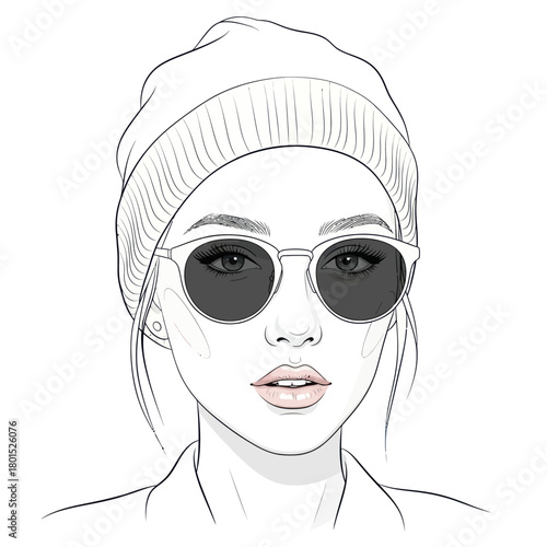 Stylish young woman wearing sunglasses and beanie sketch.