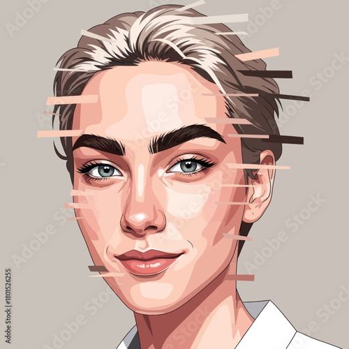 Modern artistic portrait of a person with a digital glitch effect.