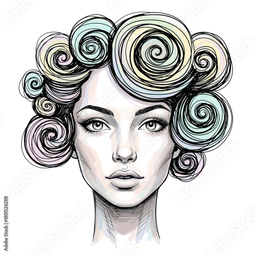 Elegant woman with artistic spiral hair design portrait illustration.