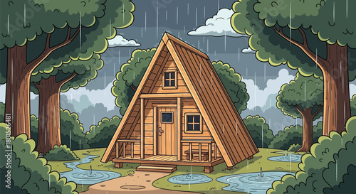 Cozy Wooden A-Frame Cabin Nestled Deep Within a Lush Forest During a Gentle Refreshing Rain Shower Ambiance