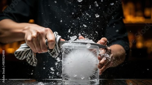 Sequence of a bartender carving a large block of clear ice with a sharp knife. Professional mixologist preparing a custom ice sphere for a craft cocktail with water splashes