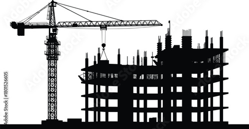 Construction site silhouette with tower crane lifting materials on multi-story reinforced building structure, showcasing industrial development, engineering work, and modern urban growth