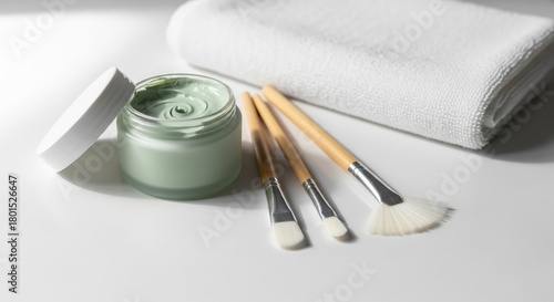 Still life of skincare cream with brushes and towel on white surface