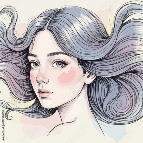 Beautiful young woman with flowing grey hair and a serene expression.