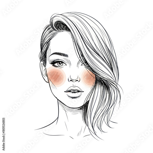 Elegant woman portrait with blush, detailed hair and captivating gaze.