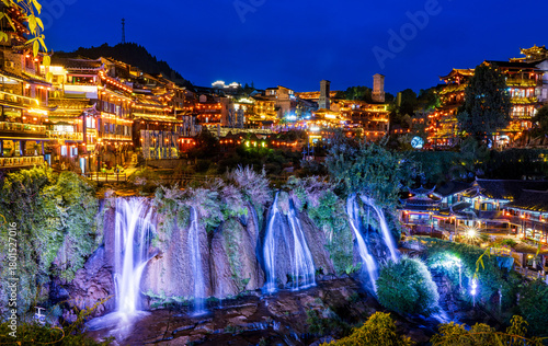 Hunan Province, China - October 27, 2025: Scenery of major tourist attractions in Hunan, including Tianmen Mountain in Zhangjiajie, the night view of Furong Ancient Town, and Yellow Dragon Cave.