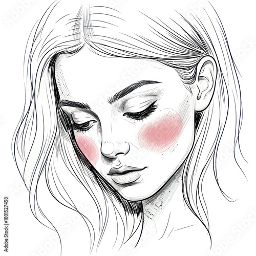 Beautiful Woman with Long Hair and Rosy Cheeks Looking Down.