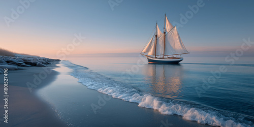 Serene sailboat at sunset on tranquil ocean with gentle waves