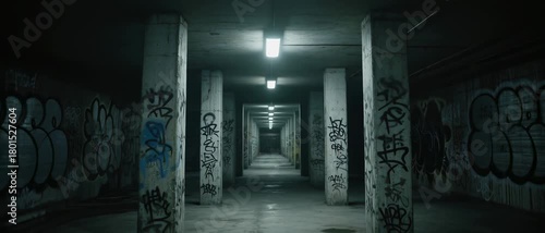 Exploring Eerie Tunnel, Concrete Pillars with Vibrant Graffiti, Dim Overhead Lighting, Underground Urban Environment, Wide-Angle Viewpoint, Atmospheric Mystery Concept