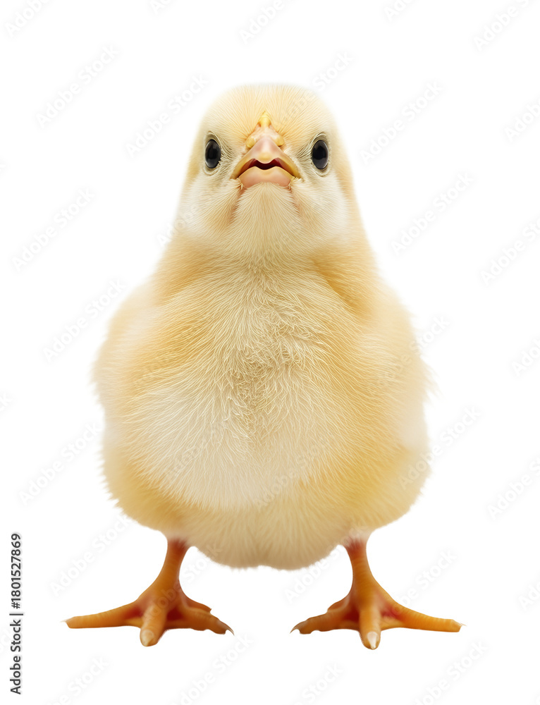 Fototapeta premium Chick looking up cutely, soft yellow feathers, transparent