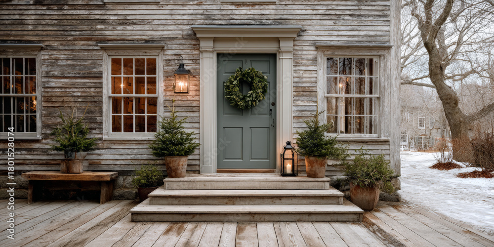 Obraz premium Rustic wooden house with wreath and lanterns in winter rural setting