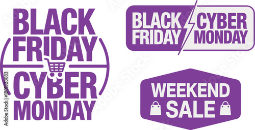 Sale Labels. Black Friday, Cyber Monday, and Weekend Sale promotional icons in modern purple design