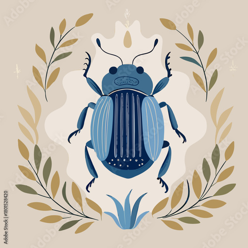 Artistic Blue Scarab Beetle Illustration with Floral Accents