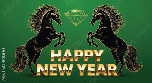 A festive illustration featuring two rearing horses with golden manes and tails, celebrating a happy new year. The design is set against a vibrant green background.