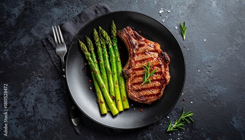 “A gourmet steak and asparagus meal plated with herbs and gold cutlery on a dark textured background.”