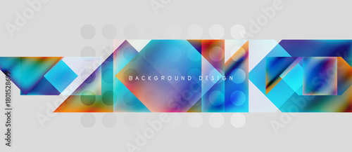 Abstract geometric shapes, vibrant colors, modern design. Background features overlapping squares, triangles, circles. Subtle gradients create dynamic visual effect.