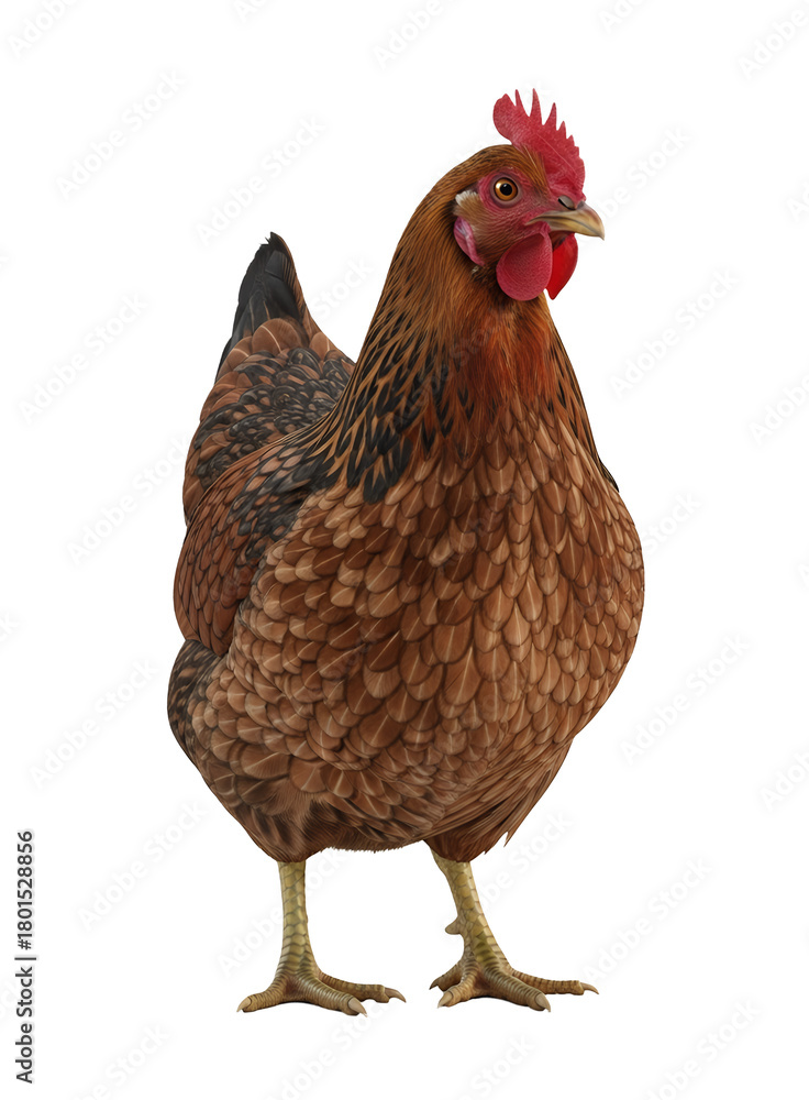 Fototapeta premium Chicken standing upright, clean feathers, natural colors, soft studio lighting, transparent