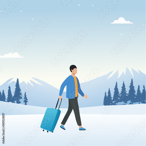 solitude travel therapy, healing practice concept, lonely man walking alone with luggage in quiet winter landscape