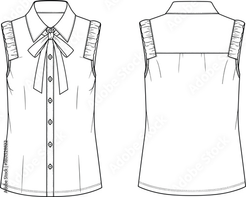 Elegant sleeveless women’s blouse with bow tie detail, fashion flat sketch showing front and back technical design for apparel production and styling