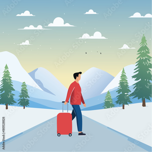 solitude travel therapy, healing practice concept, lonely man walking alone with luggage in quiet winter landscape