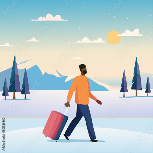 solitude travel therapy, healing practice concept, lonely man walking alone with luggage in quiet winter landscape