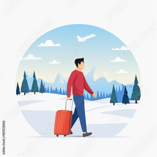 solitude travel therapy, healing practice concept, lonely man walking alone with luggage in quiet winter landscape