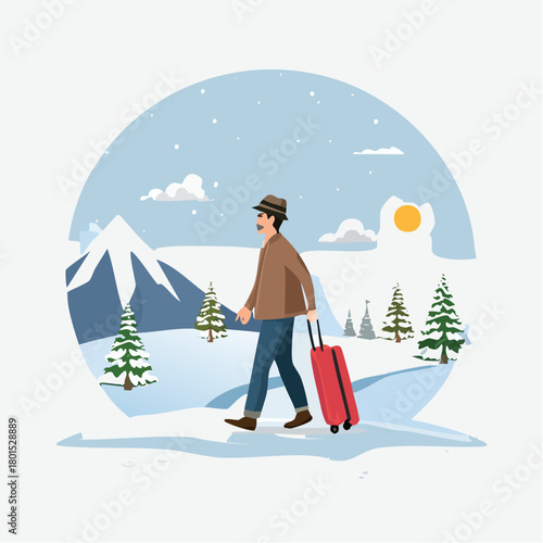 solitude travel therapy, healing practice concept, lonely man walking alone with luggage in quiet winter landscape