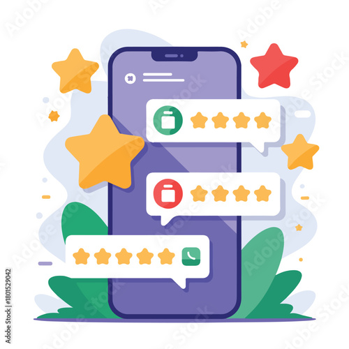 Customer feedback and reviews on mobile phone isolated on