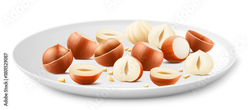 Hazelnuts on a white porcelain plate. Whole and half hazelnut isolated on white background. Peeled and unpeeled nuts. Hazelnut kernels are ripe and tasty, a source of protein. 3d vector illustration.