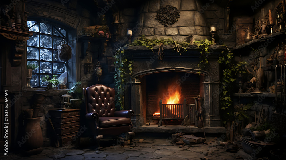 Obraz premium Cozy Witch's Study with Glowing Stone Fireplace and Cold Winter Window, Dark Fantasy Interior