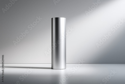 Sleek minimalist silver metal cylinder in soft light on smooth surface