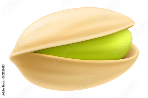 Realistic pistachios in 3d style. Roasted pistachios in shell isolated on white background. Natural organic food. Design element for nuts packaging, advertising, etc. Vector illustration.