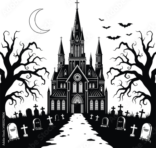 Haunted gothic church illustration with graveyard, spooky cemetery scene with bats, dead trees, moon, Halloween horror landscape silhouette artwork