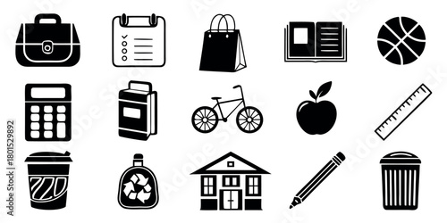 Collection of black and white hand drawn school and office supplies and objects