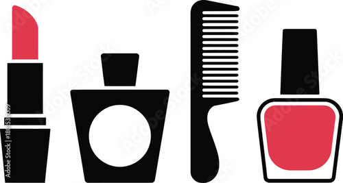 Cosmetic Icons Set. Lipstick, perfume, nail polish, comb, and beauty product silhouettes. Vector illustration