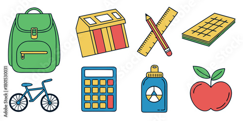 Collection of colorful school supplies and items for education and learning