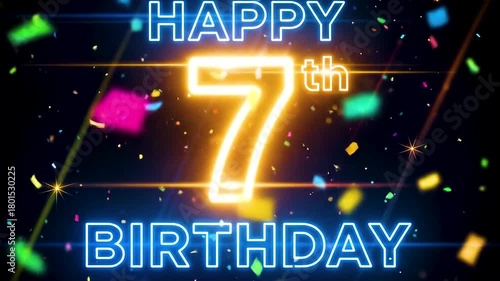 Radiant neon glow for a joyful 7th birthday celebration, bursting with confetti, color, and party sparkle!