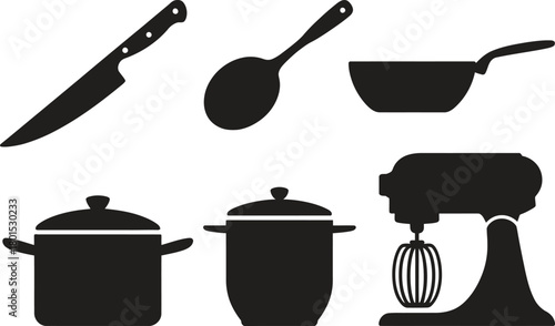Kitchen Utensil Silhouettes. Knife, spoon, pot, mixer, cookware icons, cooking tools, and culinary equipment vector set