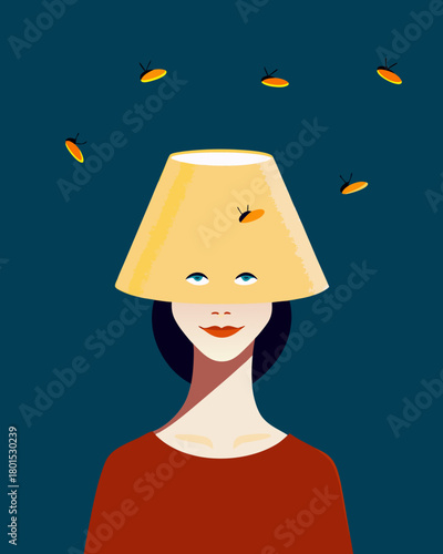 Whimsical Woman Pondering with Fireflies Around Lampshade Hat