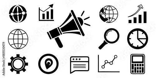 Collection of business and marketing icons representing growth and communication