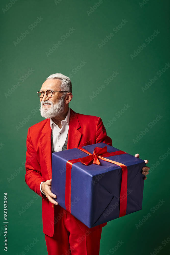 Fototapeta premium Senior man embraces the joy of winter while holding a beautifully wrapped gift