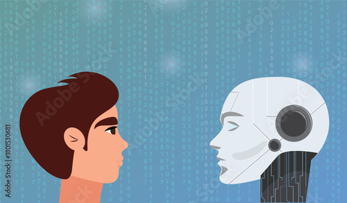 Artificial intelligence meets humanity, binary code backdrop, modern vector illustration, robotics, futuristic digital teamwork art