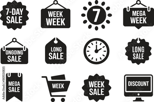Weekly Sale Icons and Labels. Clock symbols, promotional badges, discount tags, and ongoing sale elements. Vector illustration