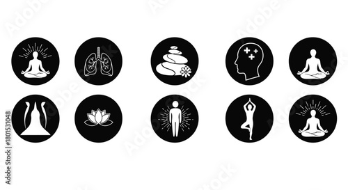 Wellness icons yoga meditation health lifestyle mind body harmony