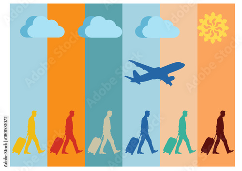 Travel illustration with a plane, clouds, sun, and people with luggage