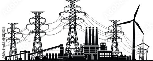 Industrial power plant with high voltage transmission towers and wind turbines, renewable and conventional energy infrastructure illustration for electricity generation