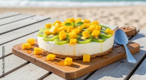 Fototapeta Naklejka Na Ścianę i Meble -  A round cheesecake topped with diced mango and kiwi slices, presented on a wooden board on a sandy beach with the ocean in the background, a spoon rests beside it