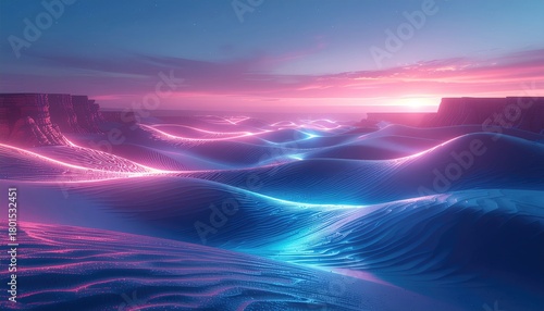 Vibrant Neon Glow Illuminating Abstract Desert Dunes at Twilight