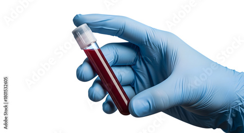 Close up of a gloved hand holding a blood sample in a test tube against a dark background